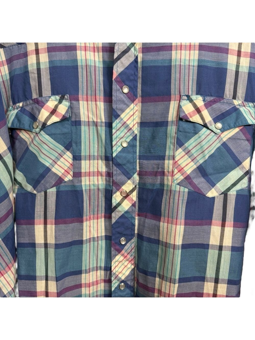 Vintage Y2K Big Man Wrangler Pearl Snap Plaid Western Shirt Size 3X Blue - Picture 4 of 8
